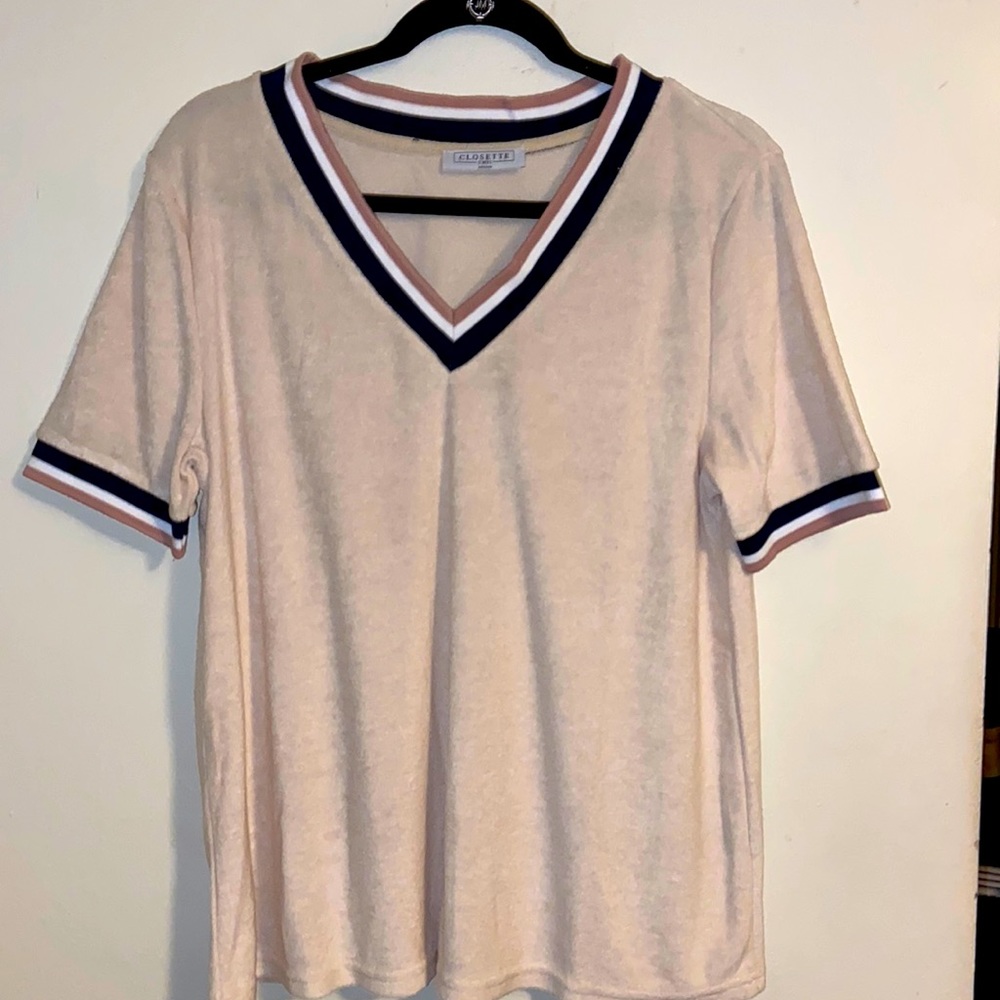 Short sleeve v neck terry feel top